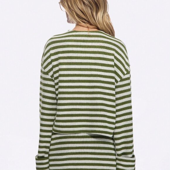 Casual Women's Army Green Striped Knit Button-Front Cardigan & Skirt Set - Picture 2 of 5